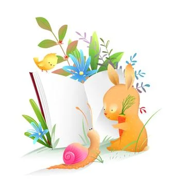 Bunny Reading Book and Study with Friends Animals Stock Illustration