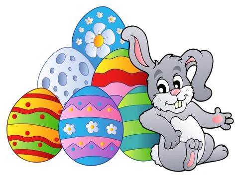 Bunny resting beside Easter eggs Stock Illustration