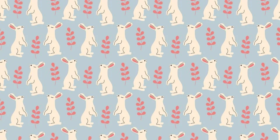 Bunny seamless pattern with leaves in doodle style. Endless Illustration wi.. Illustrazione stock