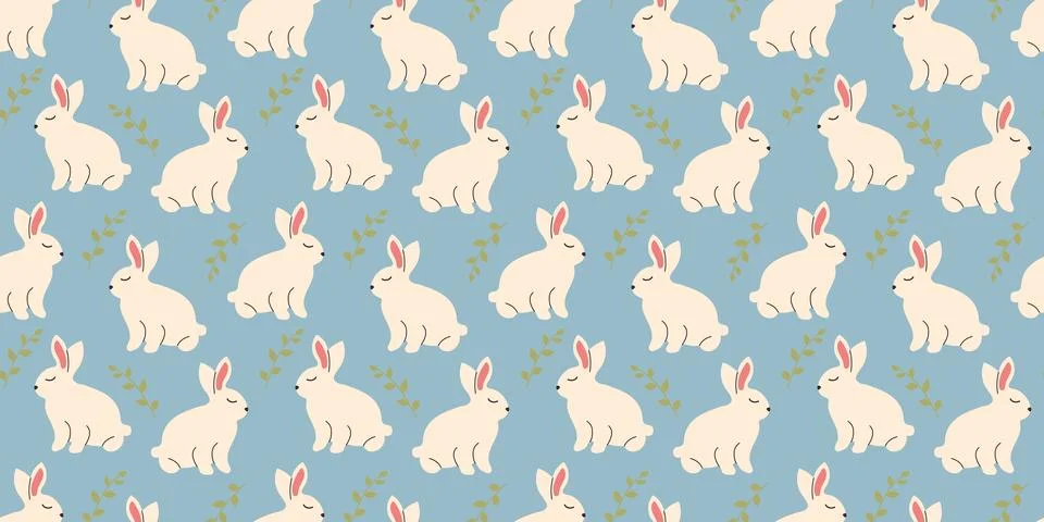 Bunny seamless pattern with leaves in doodle style. Endless Illustration wi.. Stock Illustration