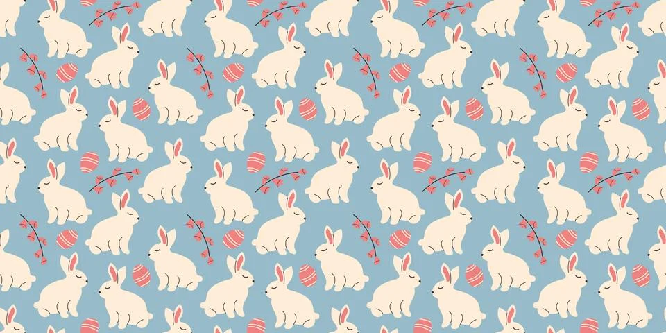Bunny seamless pattern with leaves in doodle style. Endless Illustration with Stock Illustration