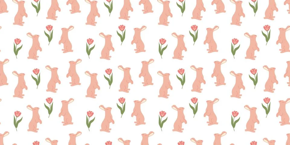 Bunny seamless pattern with leaves in doodle style. Endless Illustration with Stock Illustration