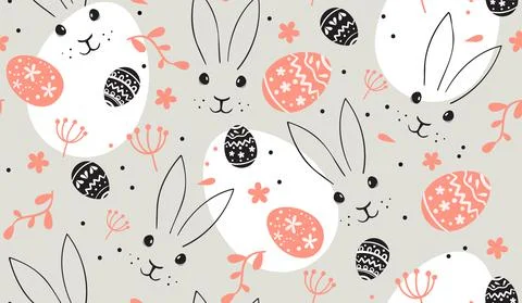 Bunny seamless pattern. Rabbit face and Easter Egg small flowers, leaves around イラスト素材
