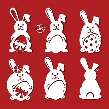 Bunny set. Easter bunny for laser cutting on red background. Icons for greeting Stock Illustration