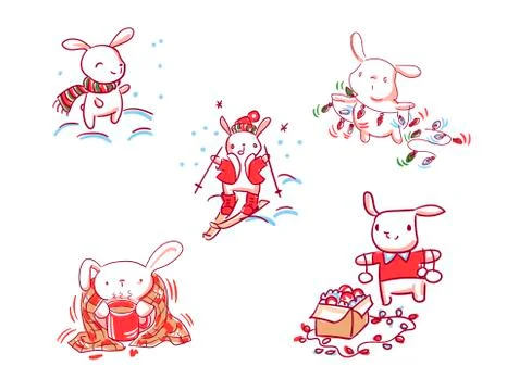 Bunny set new year character christmas card doodle style Stock Illustration
