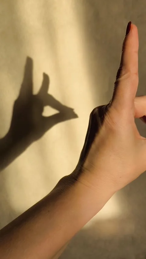 Bunny-shaped shadow on the wall from sunlight. The woman holds her fingers in Video stock 326122853