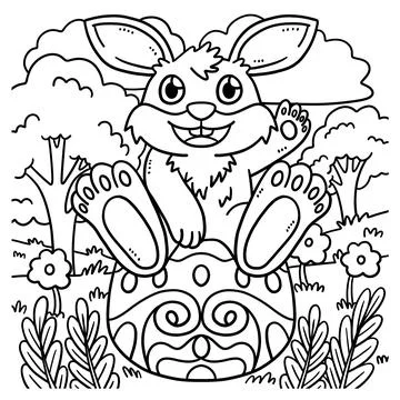 Bunny Sitting on Easter Egg Coloring Page Stock Illustration