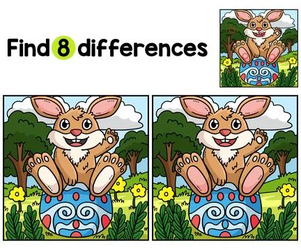 Bunny Sitting on Easter Egg Find The Differences Stock Illustration