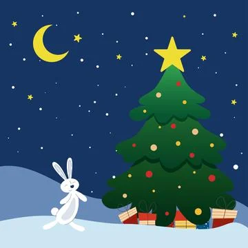 Bunny stands at New Year tree with gifts at night Illustrazione stock