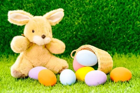 Bunny toy and Easter eggs in basket Stock Photos