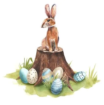 Bunny on the tree stump. Hand drawn illustration. Cute bunny sitting on the tree Stock Illustration