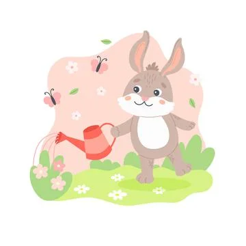 Bunny watering plants. Spring character outdoors with butterflies. Cute seasonal Stock Illustration