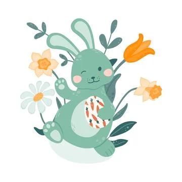 Bunny waves his hand and holds an Easter egg in his paws on a background of.. Illustrazione stock