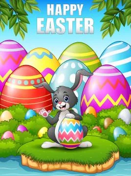 Bunny waving hand with holding easter egg in the woods near the river Stock Illustration