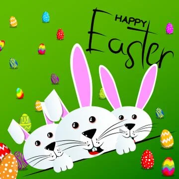Bunnys with Happy Easter text on green background. Vector cartoon character i Stock Illustration