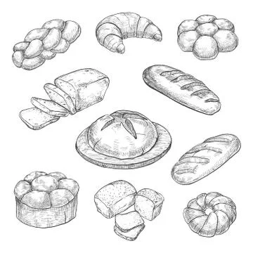 Buns, croissant, loaf, bread, baking isolated on white background. Stock Illustration