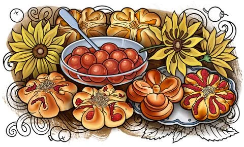 Buns, flowers, jam hand drawn vector doodle illustration. 库存插图