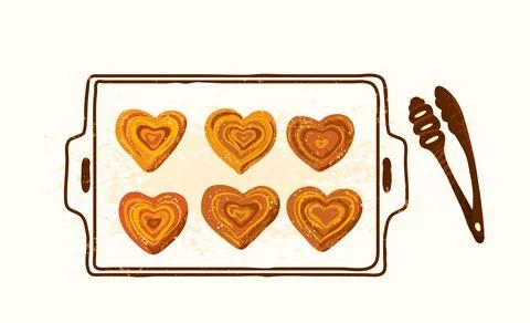 Buns in the shape of heart on baking tray with bakery tongs. Vector illustration 스톡 일러스트