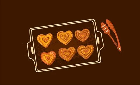 Buns in the shape of heart on baking tray with bakery tongs. Vector illustration 스톡 일러스트