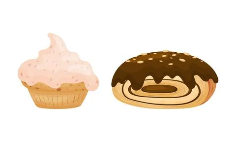 Buns as Sweet, Bread-based Roll Made from Flour and Yeast Vector Set Stock Illustration