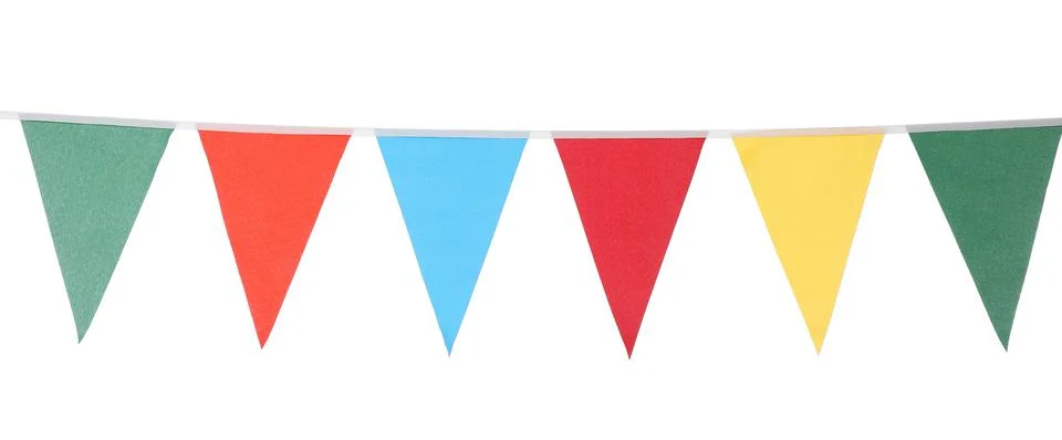 Bunting with colorful triangular flags on white background. Festive decor Stock Photos
