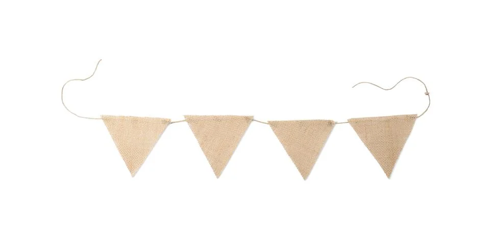 Bunting with triangular burlap flags isolated on white, top view Stockfoto's
