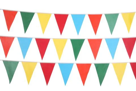 Buntings with colorful triangular flags on white background. Festive decor Stock Photos