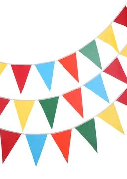 Buntings with colorful triangular flags on white background. Festive decor Stock Photos
