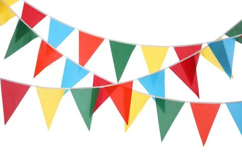 Buntings with colorful triangular flags on white background. Festive decor Stock Photos