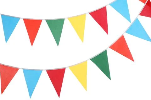 Buntings with colorful triangular flags on white background. Festive decor Stock Photos