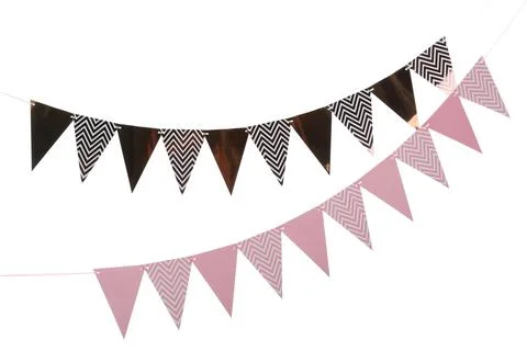 Buntings with colorful triangular paper flags on white background. Festive de Stock Photos
