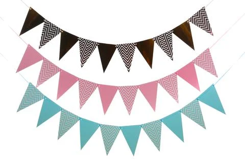 Buntings with colorful triangular paper flags on white background. Festive de 스톡 사진