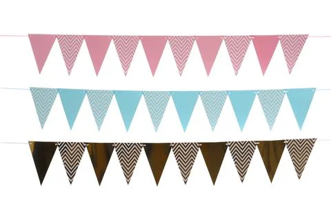 Buntings with colorful triangular paper flags on white background. Festive de Foto stock