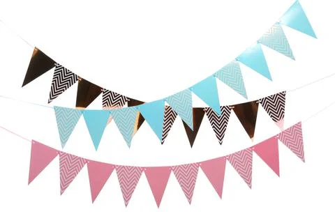 Buntings with colorful triangular paper flags on white background. Festive de Stock Photos