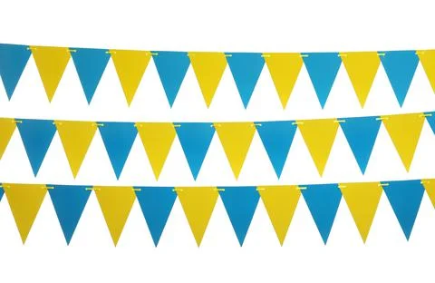 Buntings with colorful triangular paper flags on white background. Festive de Stock Photos
