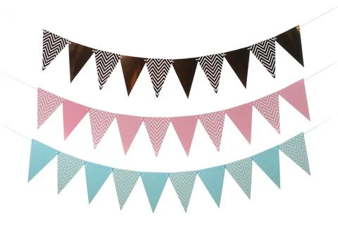 Buntings with colorful triangular paper flags on white background. Festive de Stockfoto's