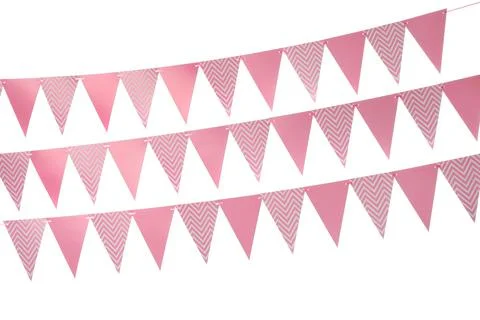 Buntings with triangular paper flags on white background. Festive decor 写真素材