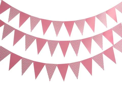 Buntings with triangular paper flags on white background. Festive decor Stock Photos