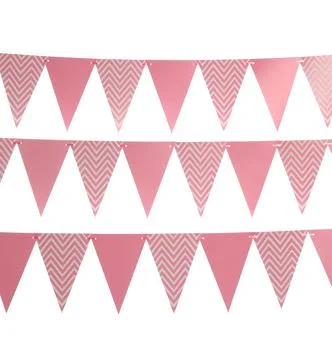 Buntings with triangular paper flags on white background. Festive decor Foto stock