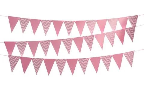 Buntings with triangular paper flags on white background. Festive decor 库存照片