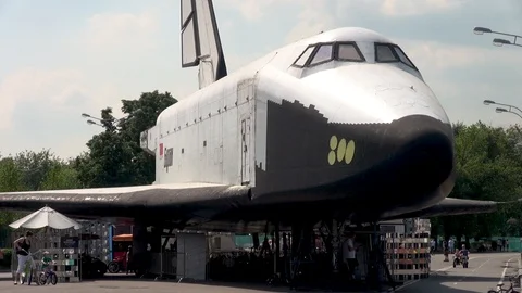 Buran orbital rocket ship of reusable space transportation system as exhibit. Video stock 105778324