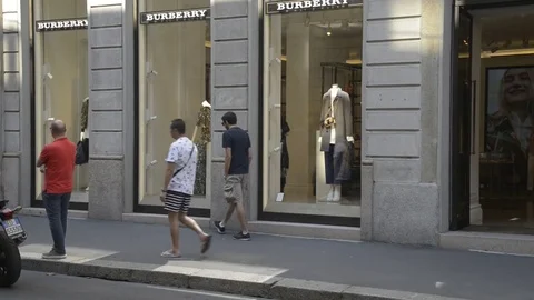 Burberry store in Milan. Fashion week Burberry shopping Stock Footage