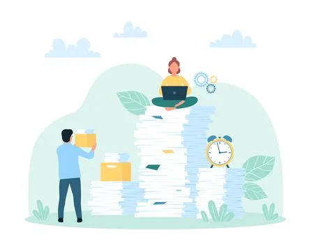 Bureaucracy and office overwork, tiny people work with stack of unorganized イラスト素材