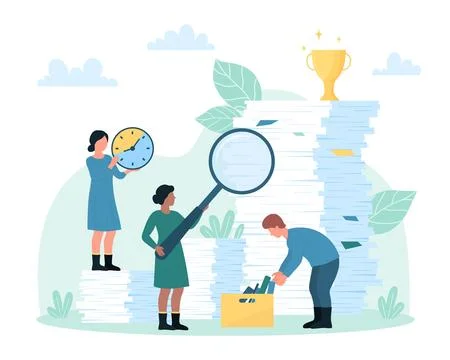 Bureaucracy and office paperwork, tiny people holding magnifying glass to 库存插图