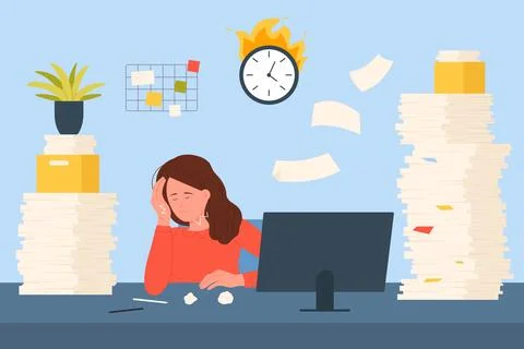 Bureaucracy, problem of employees overwork, frustrated tired businesswoman Stock Illustration
