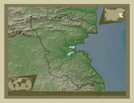 Burgas, Bulgaria. Elevation map colored in wiki style with lakes and rivers Stock Illustration
