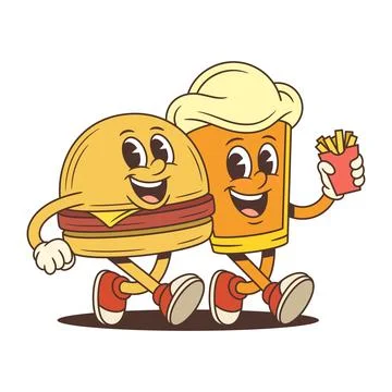 Burger And Beer Mug Characters Walking Together Cartoon Vector Illustration Ilustração Stock