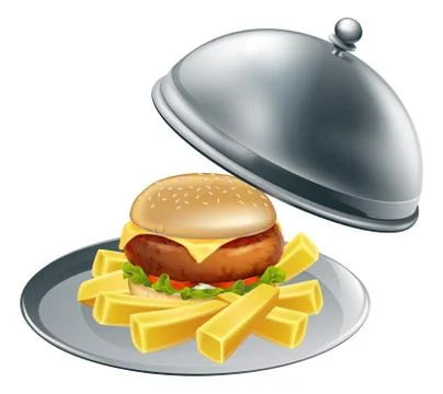 Burger and chips on a silver platter Stock Illustration