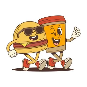 Burger And Coffee Cup Characters Walking Together Cartoon Vector Illustration Ilustração Stock