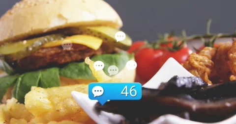 Burger and fries centering as blue counter appearing near fries, counting up and Stock Footage 331593383